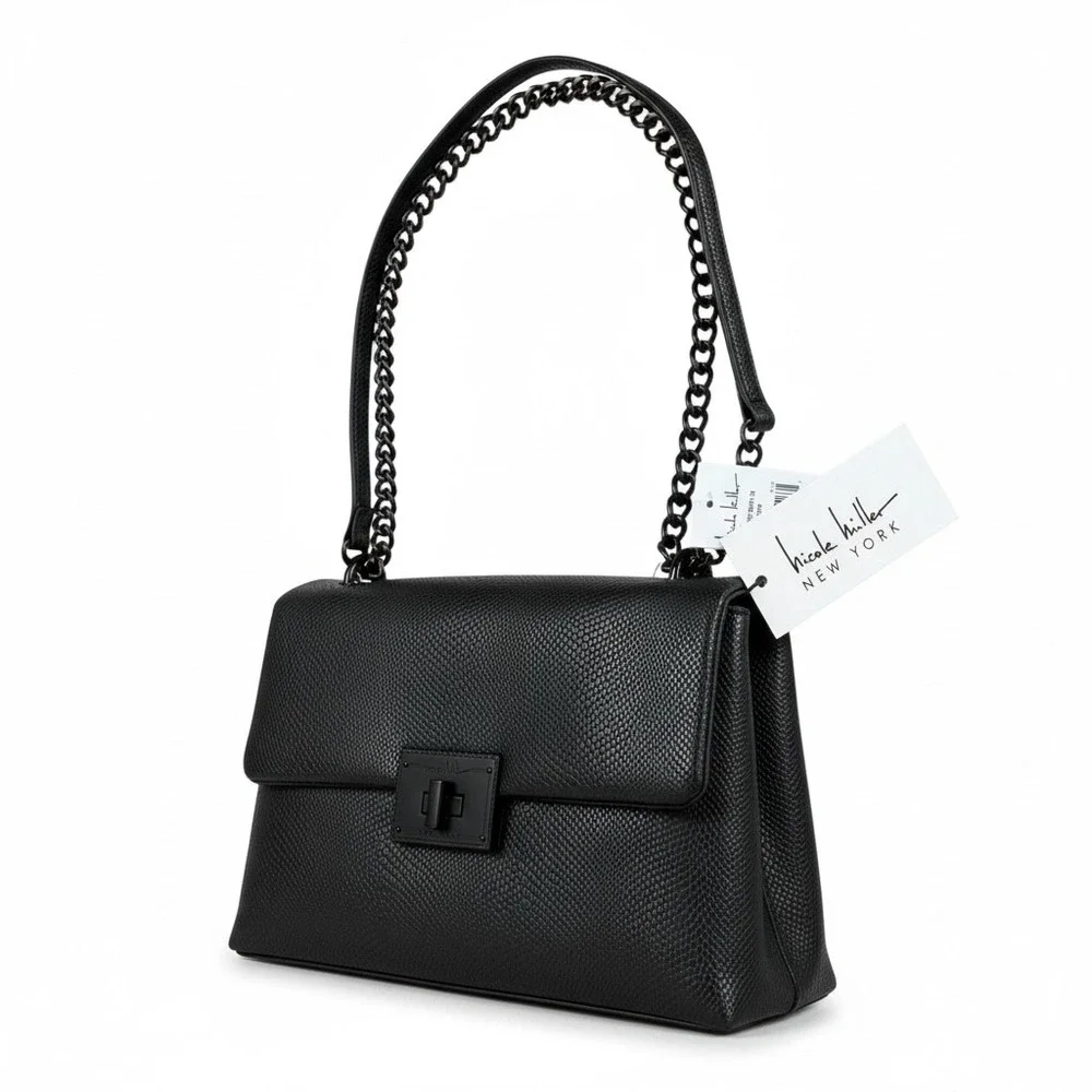 Nicole Miller NWT Black Pebbled Chain Flap Shoulder Bag Quiet Luxury Purse